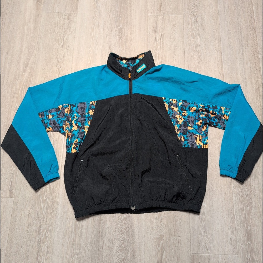 Vintage INSport Mens XL Retro Color Block‎ Windbreaker Jacket Teal Black Yellow